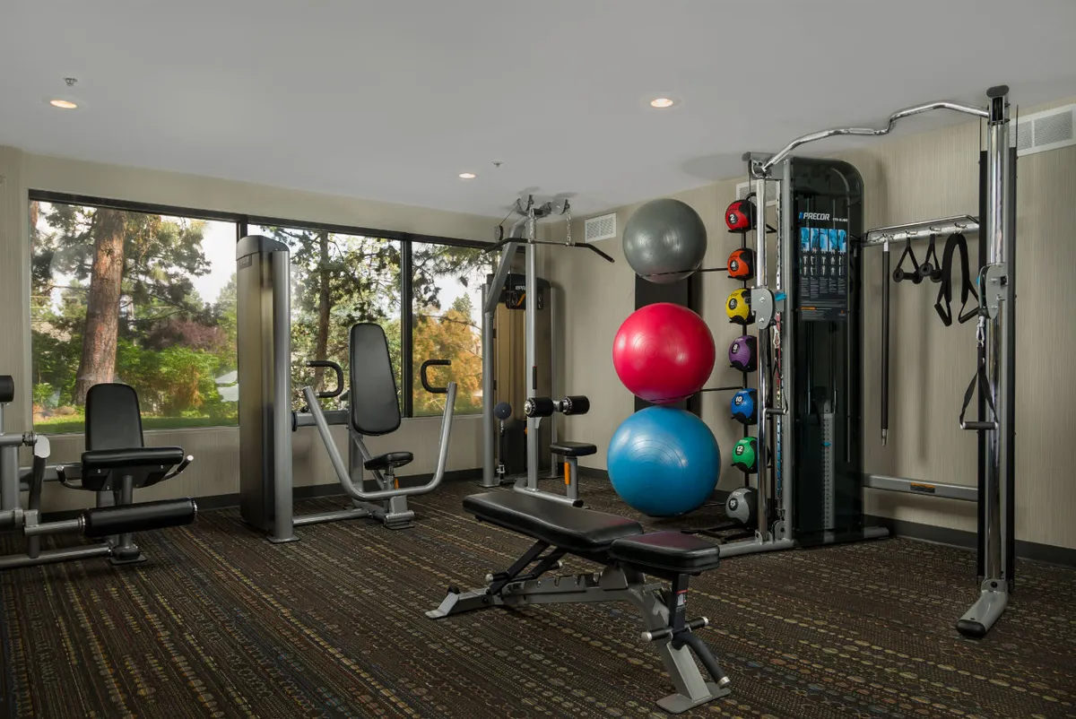 This interior image features a well-equipped fitness center with exercise machines, colorful exercise balls, and a weight station. Large windows in the background invite natural light and hint at appealing views, creating a motivating and energetic atmosphere for fitness routines.